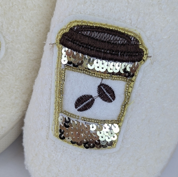 Slippers & Headband Coffee Croissant Sherpa Embroidery Sequins Ivory M (7/8) NWT - Picture 3 of 16